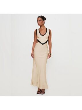 Princess Polly Beige Maxi Dress with Black Lace Trim